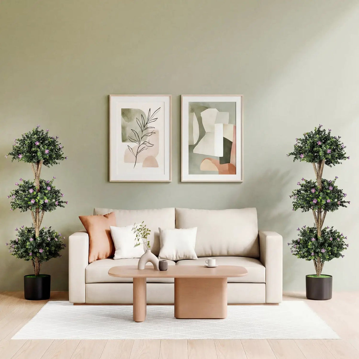 51" Artificial Triple Ball Boxwood Topiary Tree with 59 Blossoms, photo 12 of 16