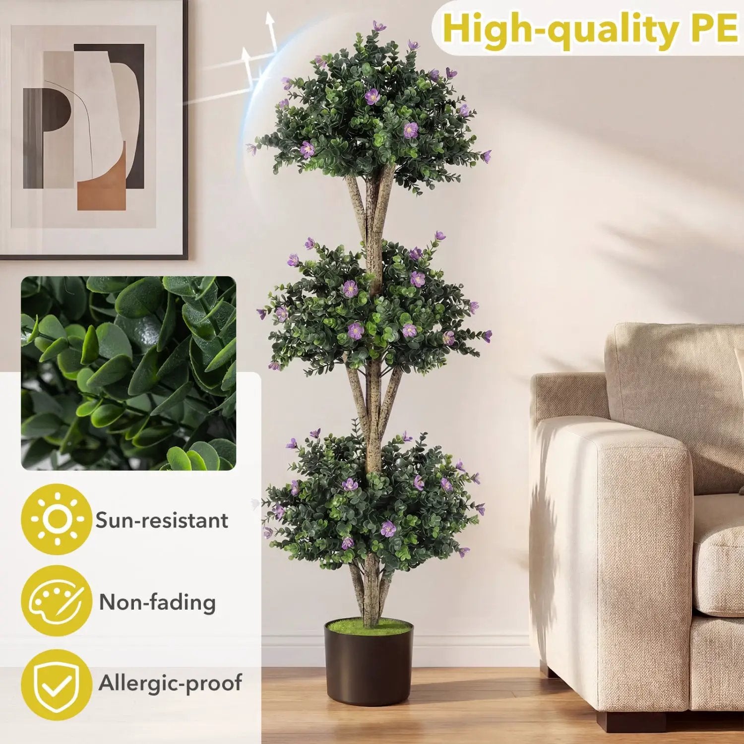 51" Artificial Triple Ball Boxwood Topiary Tree with 59 Blossoms by DirectDeals