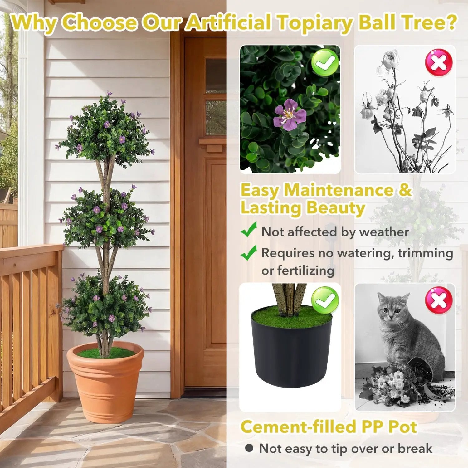 51" Artificial Triple Ball Boxwood Topiary Tree with 59 Blossoms by DirectDeals