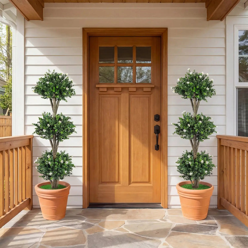 51" Artificial Triple Ball Boxwood Topiary Tree with 59 Blossoms Set of 2 by DirectDeals