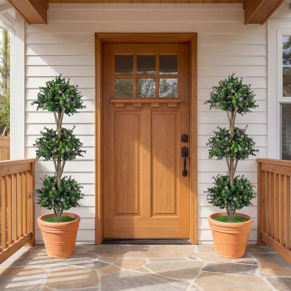 51" Artificial Triple Ball Boxwood Topiary Tree with 59 Blossoms Set of 2, photo 3 of 16