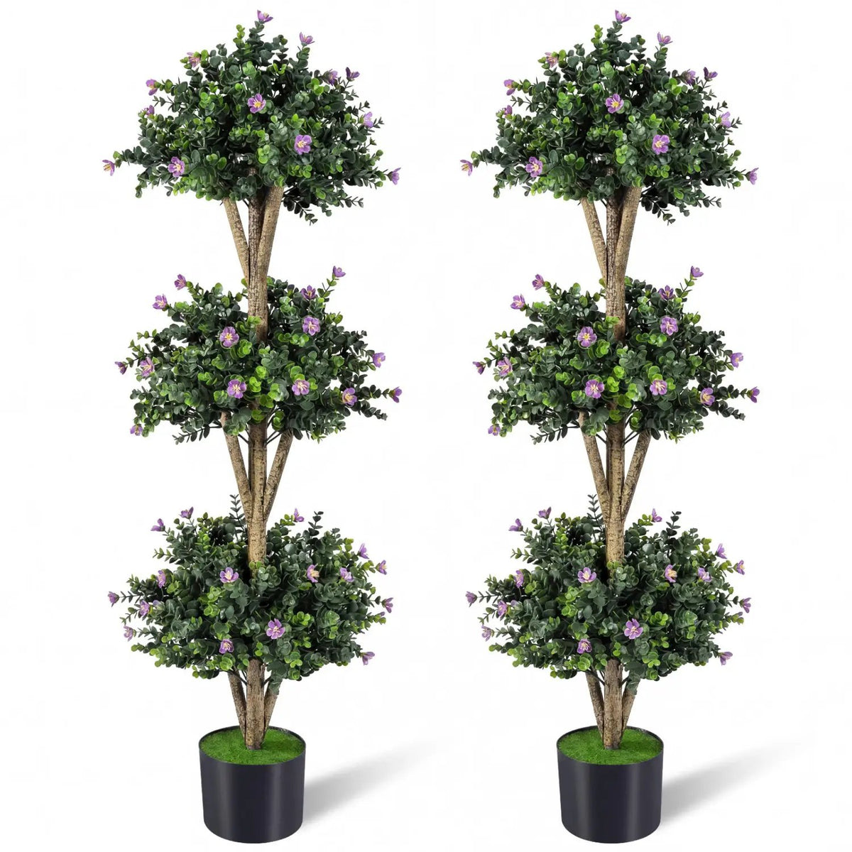 51" Artificial Triple Ball Boxwood Topiary Tree with 59 Blossoms Set of 2