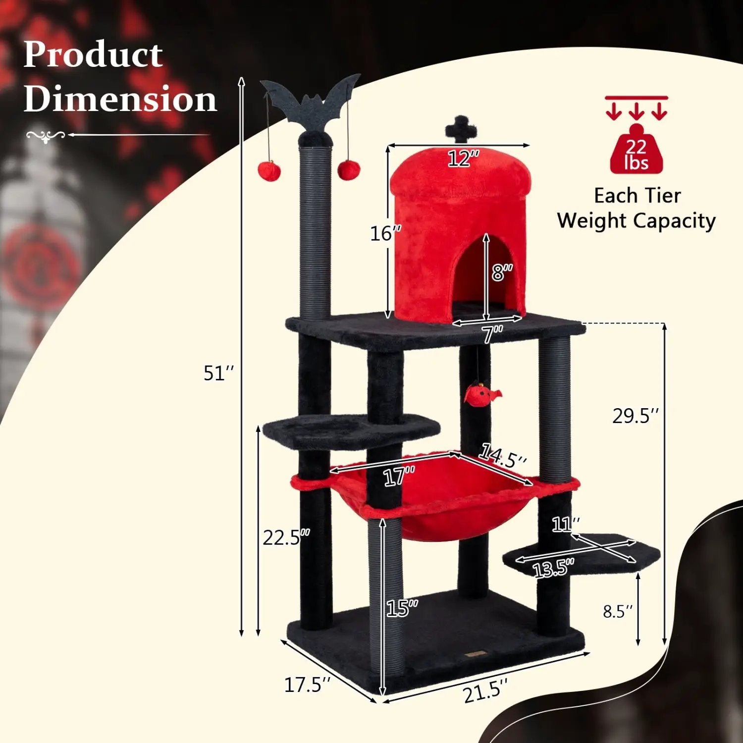 51" Gothic Multi-Level Cat Tree with Spider Toy & Hammock by DirectDeals
