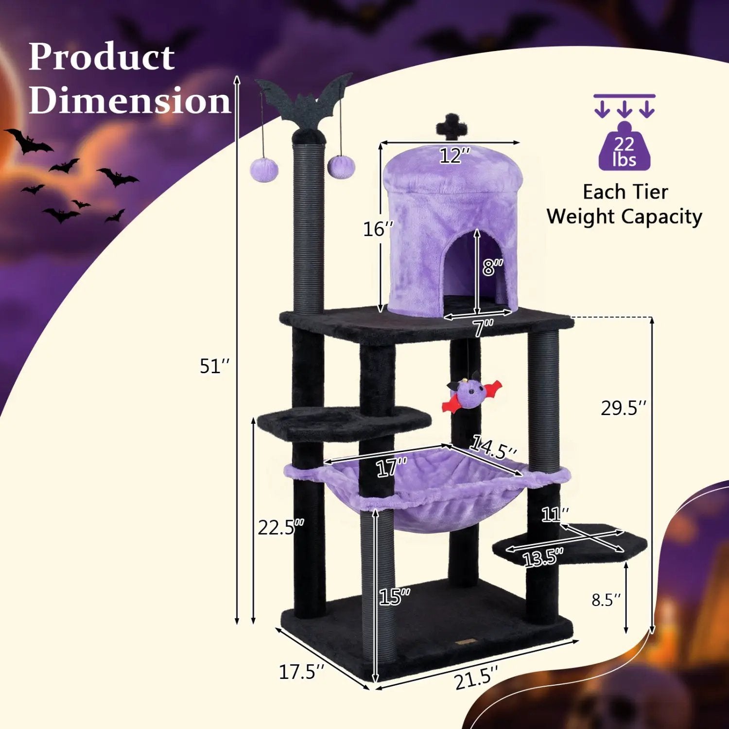 51" Gothic Multi-Level Cat Tree with Spider Toy & Hammock by DirectDeals