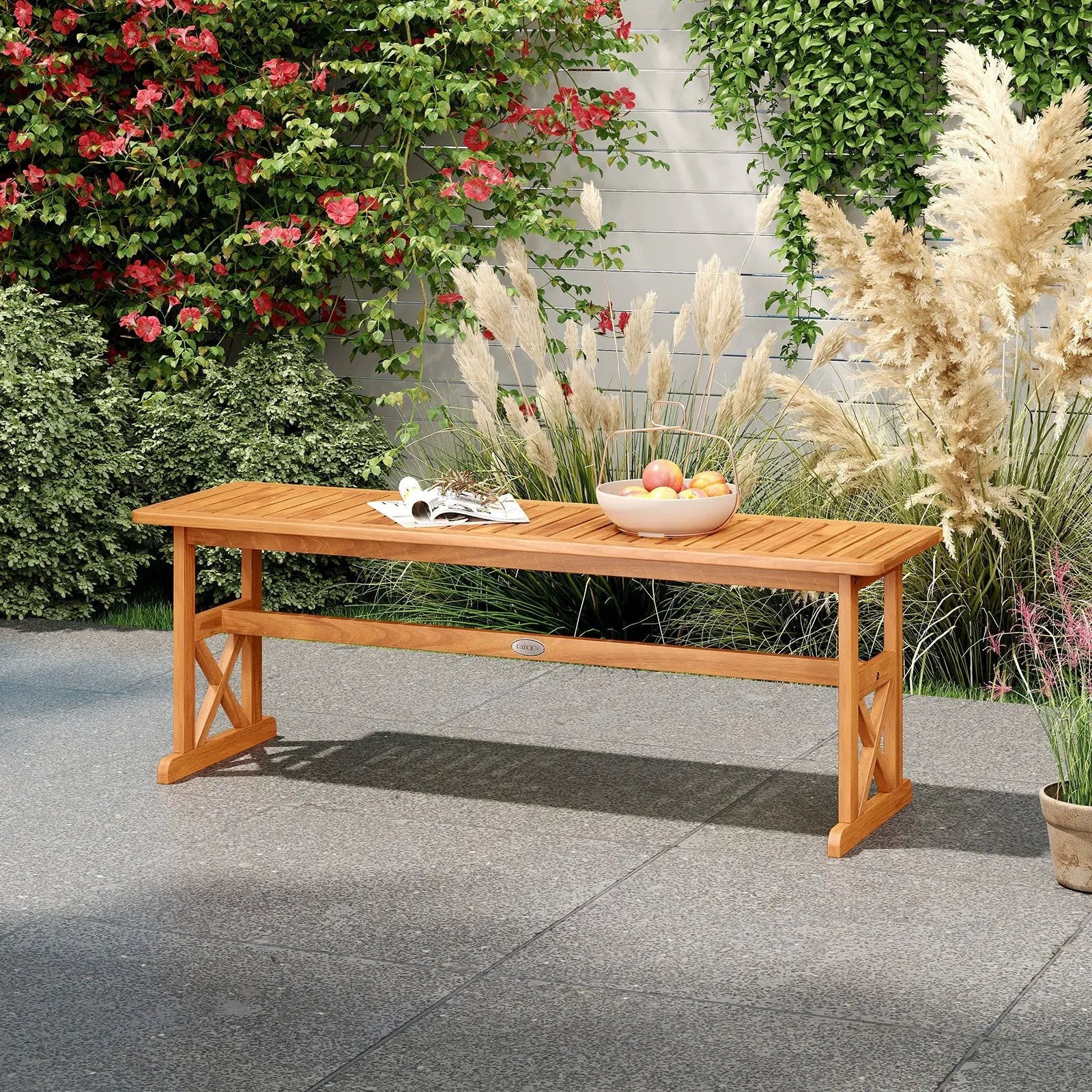 51 Inches Outdoor Acacia Wood Bench with Slatted Seat and 800 lbs Weight Capacity by DirectDeals