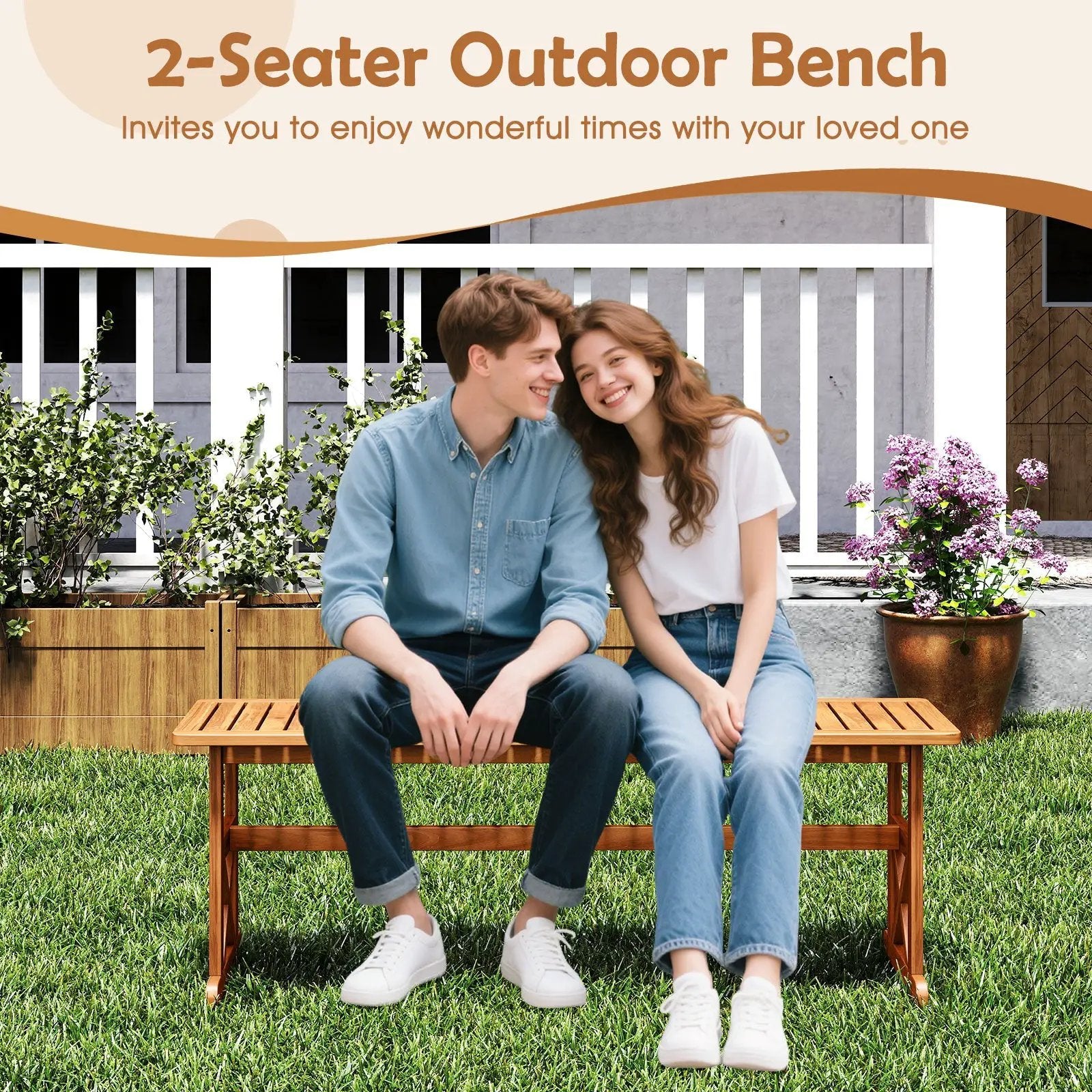 51 Inches Outdoor Acacia Wood Bench with Slatted Seat and 800 lbs Weight Capacity by DirectDeals