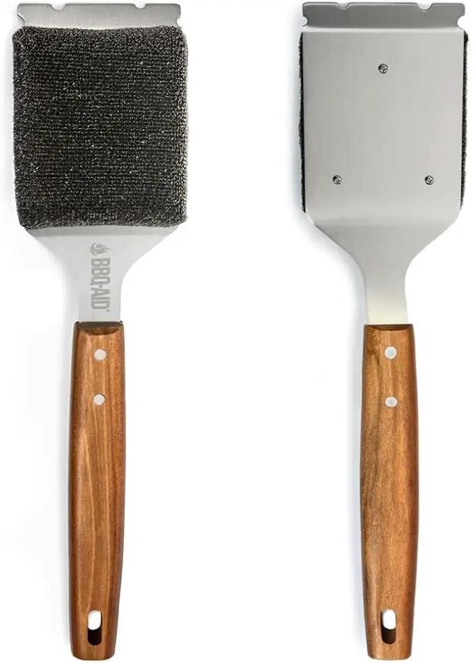 BBQ-AID Bristle Free Grill Brush and Scraper for Barbecue - Extended Large Wooden Handle With Replaceable Head - No Scratch BBQ Cleaning Accessories for Outdoor Grills by GreenHaven Gardens