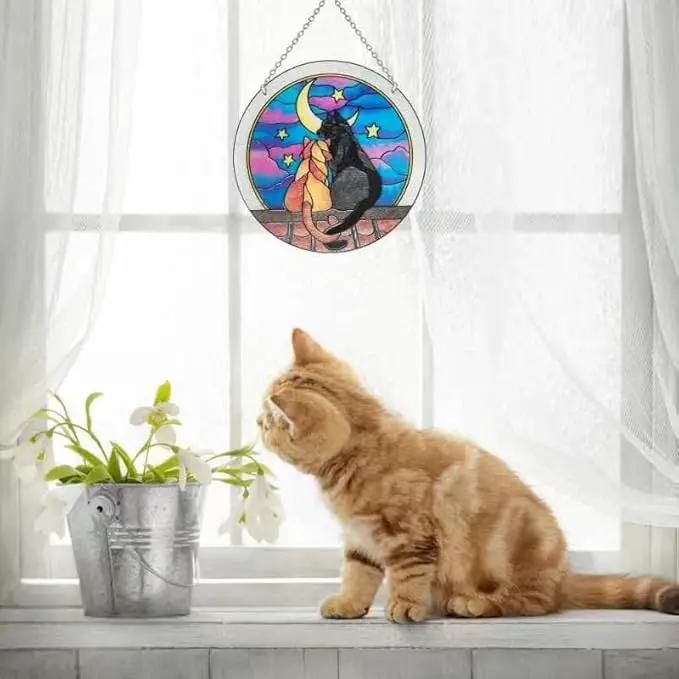 Cat Sun Catcher Stained Glass, 6 * 6inches Suncatcher for Window, Cat and Dog Patterns Sun Catcher Glass,Cat Mom Gifts by GreenHaven Gardens