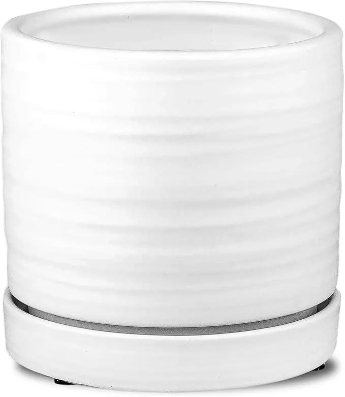 6 Inch Plant Pots, Ceramic Planter Pot with Drainage Hole & Saucer, Indoor/Outdoor Cylinder Round Planter Pot, Matte White by GreenHaven Gardens