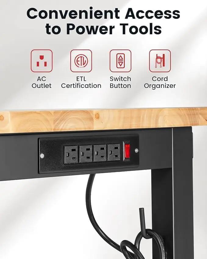Work Bench for Garage 48 x 20 Inch Adjustable Height Rubberwood Tabletop Work Table with Pegboard, Power Outlets Garage Workbench for Woodworking Shop, Home, Office, Electronic Cutting Wood by GreenHaven Gardens
