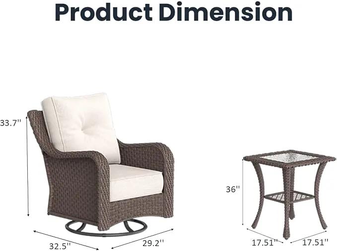 3 Pieces Outdoor Patio Furniture Sets with Rocking Swivel Chairs with 6-inch Thick Cushion and Side Table for Deck Lawn by GreenHaven Gardens