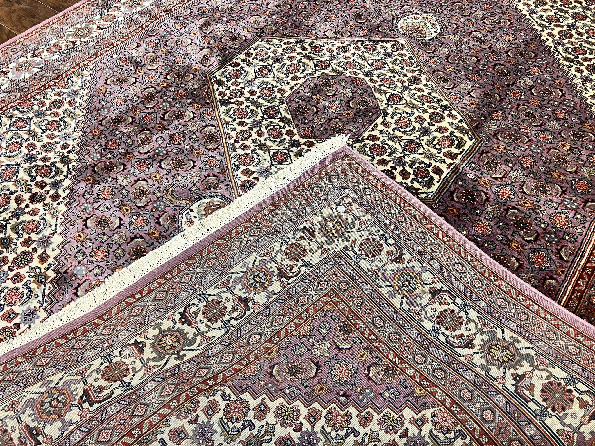 Indo Persian Bidjar Rug 8x10, Purple and Ivory Hand Knotted Wool Vintage Oriental Carpet, Herati Mahi Pattern, 8 x 10 Traditional Fine Rug by Jewel Rugs