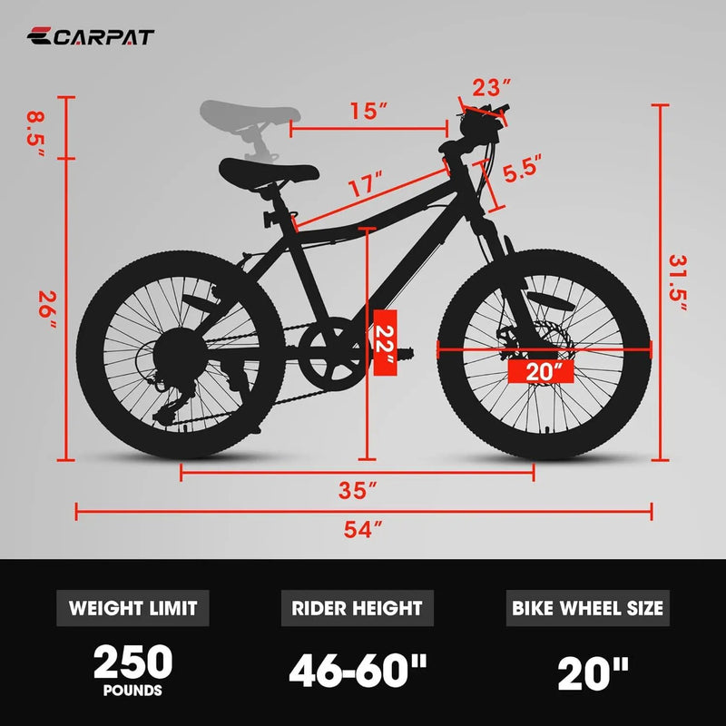 S20101 20" Kids' Bike, Boys Girls Mountain Bike Ages 8-12, 7 Speed Teenager Children Kids' Bicycles, Front Suspension Disc Brake Rear V-Brake, High Steel Frame by HouseOfZazla