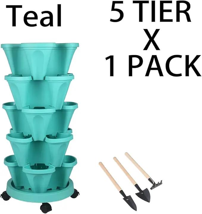 Vertical Planter 5 Tier Stackable Planters Garden Planters Strawberry Herb Flower and Vegetable Planter Indoor Outdoor Gardening Pots with Removable Wheels and Tools by GreenHaven Gardens