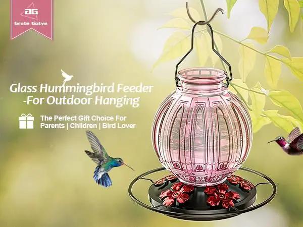 Glass Hummingbird Feeder for Outdoors Hanging, Bird Nectar Feeder with Perch & 5 Flower Feeding Ports, 26 Oz Leak Proof for Outside Garden Decor Backyard, Gifts for Women Mom, Pink by GreenHaven Gardens
