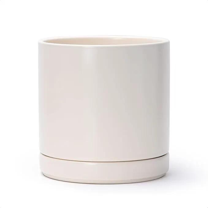 D'vine Dev 8 Inch Ceramic Planter Pot with Drainage Hole and Saucer, Indoor Cylinder Round Planter Pot, Oatmeal, 94-O-D-8 by GreenHaven Gardens