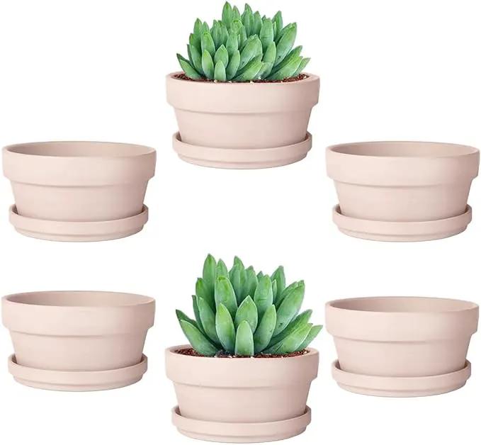 vensovo 4.5 Inch Pink Terracotta Shallow Succulent Pots - 6 Pack Terra Cotta Clay Pot with Saucer, Cacuts Indoor and Outdoor Planters with Drainage Hole by GreenHaven Gardens