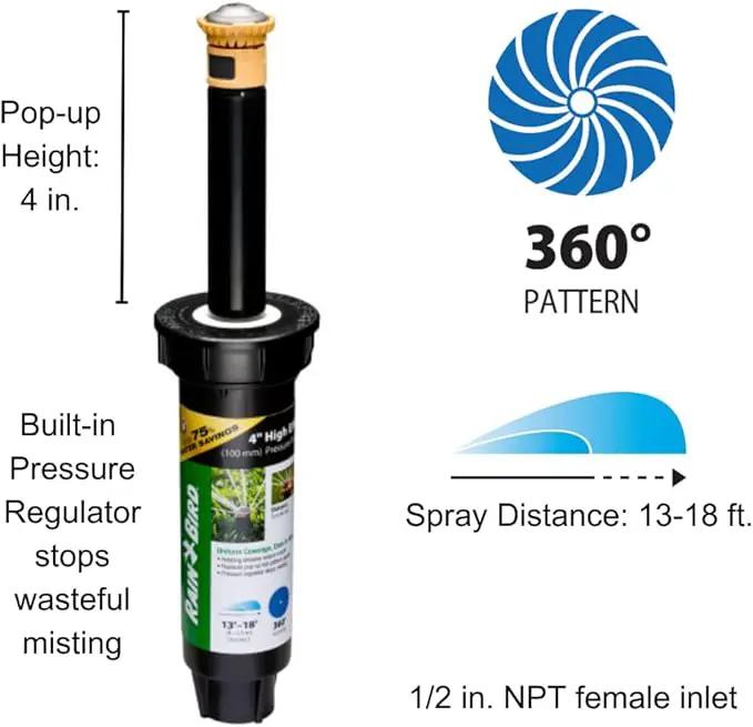 Rain Bird 12SAFPROPR Pressure Regulating (PRS) High-Efficiency Pro Rotary Sprinkler, 360° Full Pattern, 13' - 18' Spray Distance, 4" Pop-up Height by GreenHaven Gardens