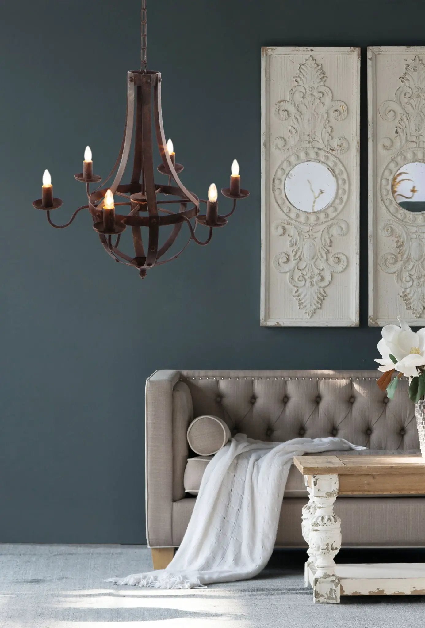 6 Light Metal Chandelier, Hanging Light Fixture With Adjustable Chain For Kitchen, Bulb Not Included - Black by Unique Piece Furniture