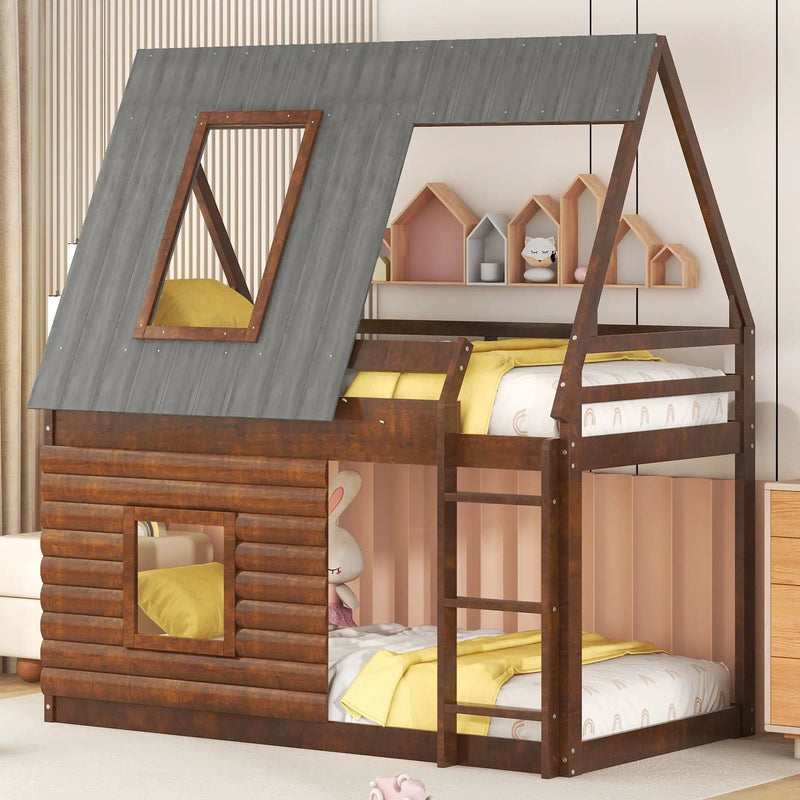 Wood Twin Size House Bunk Bed With Roof, Ladder And 2 Windows - Oak & Smoky Gray by HouseOfZazla