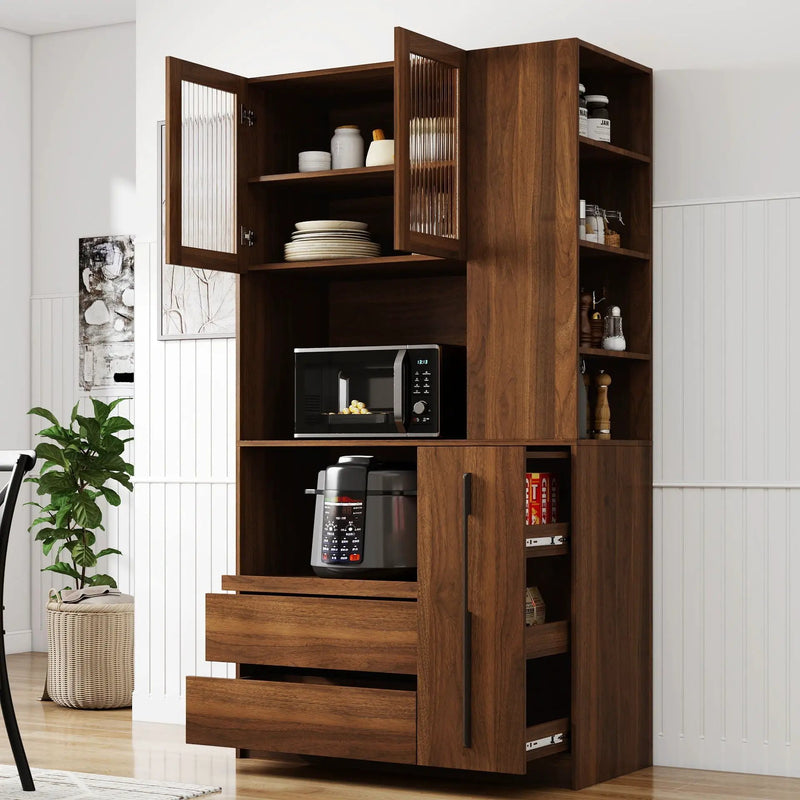 Tall Kitchen Pantry Cabinet With 4 Tier Side Shelf, 2 Drawers, Freestanding Food Hutch With Microwave Stand For Dining Room - Walnut by HouseOfZazla