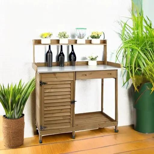 Garden Potting Benche Table Outdoor Wooden Work Station W/Metal Table top,Cabinet,Drawer,Large Bottom Shelf,Open Shelf Natural Wood-Brown-Brown by GreenHaven Gardens