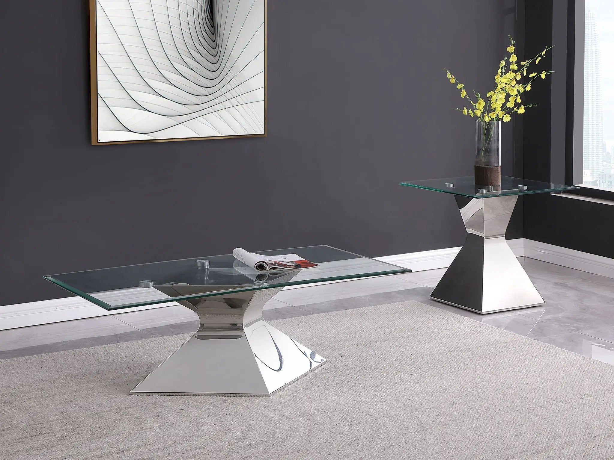 Jenny Glass Top Stainless Steel Side End Table Chrome by Unique Piece Furniture