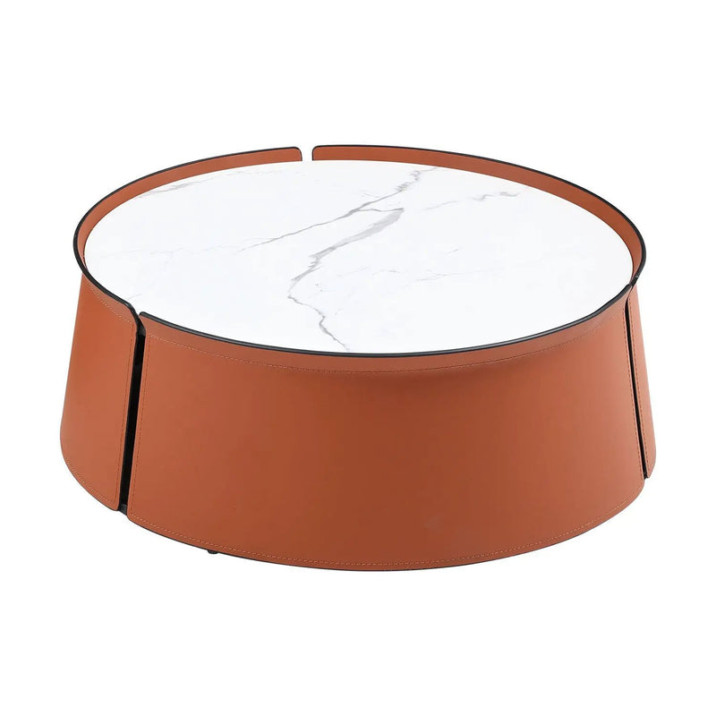 31.5" Coffee Table, Marble Top and Orange Saddle Leather Body by BLAKHOM