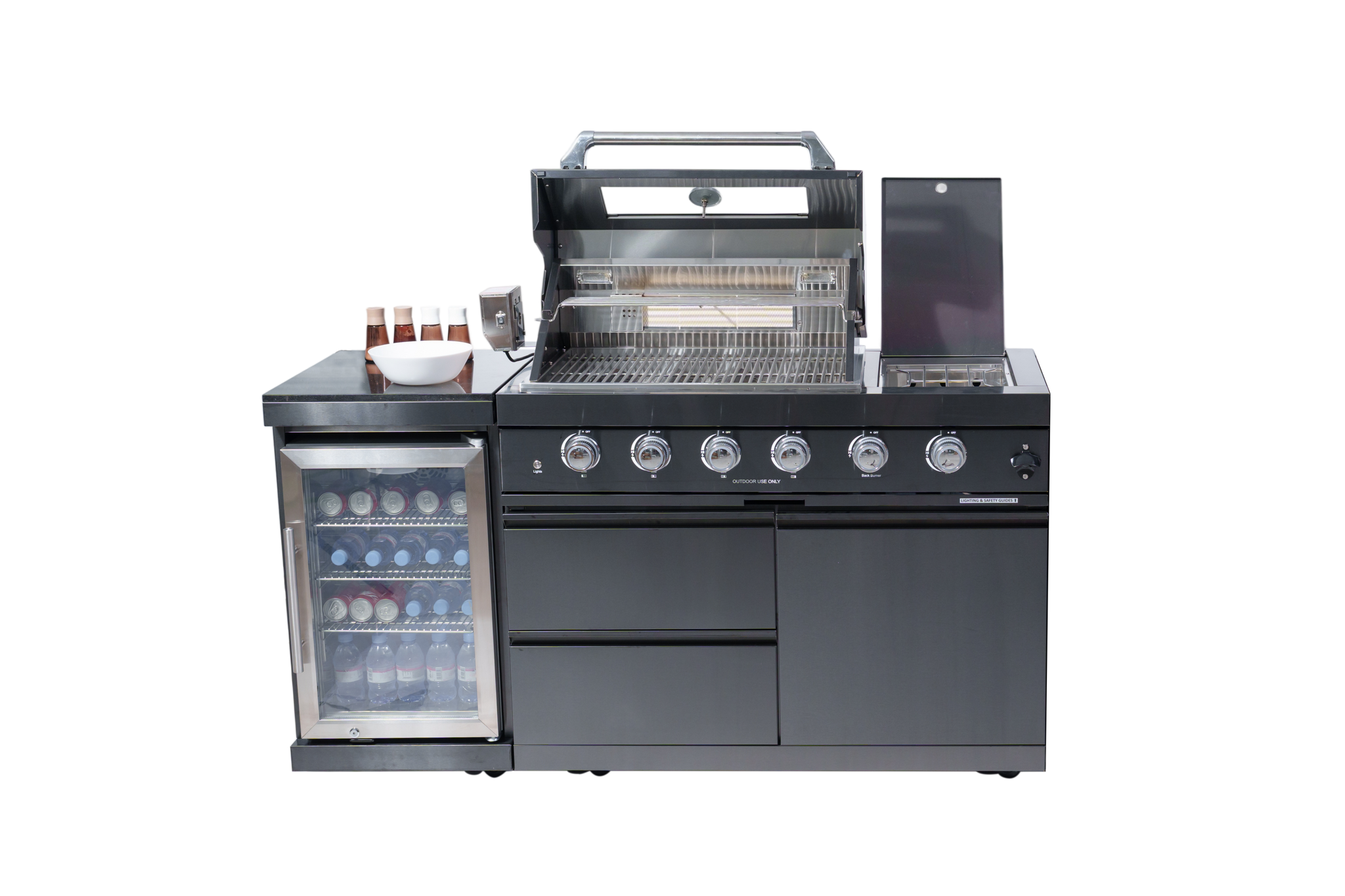 65" 4-Burner 72,000 BTU Black Outdoor Kitchen Island Grill + Wine Cooler + Rotisserie Kit by Chery Industrial