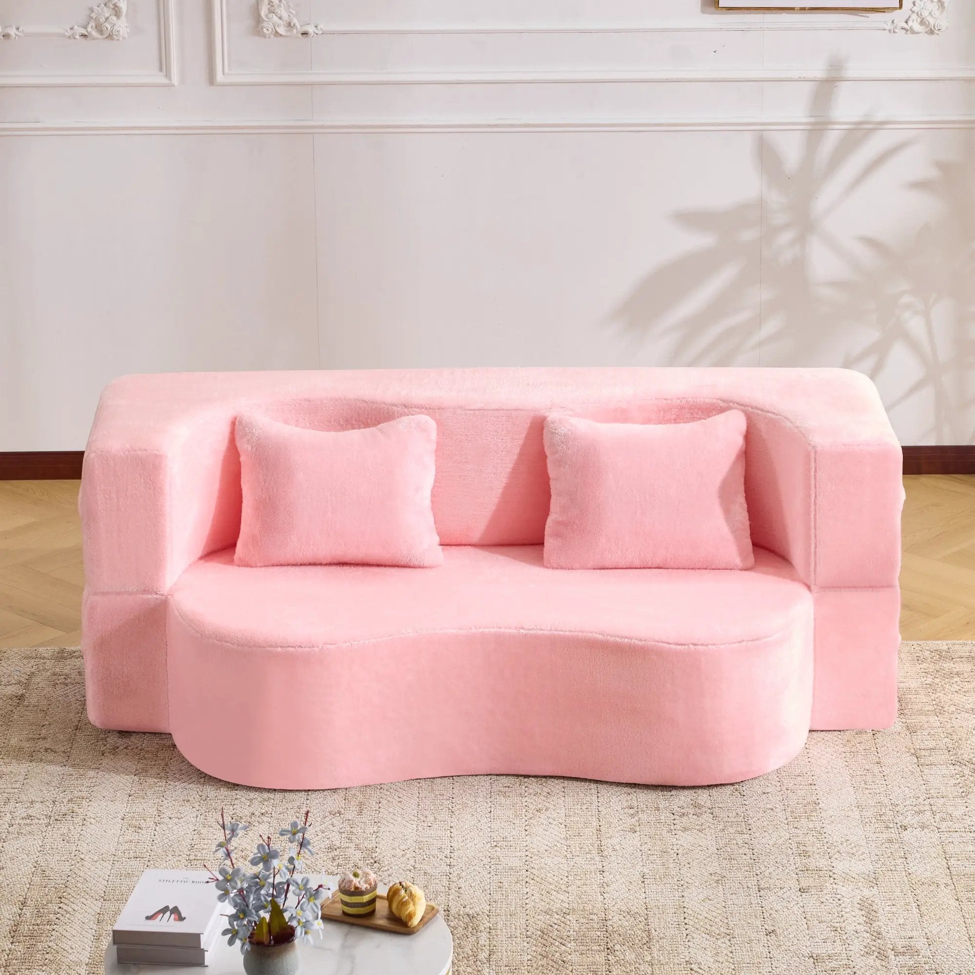 71-Inch Folding Sofa Bed in Pink Chenille with High-Density Foam by HouseOfZazla