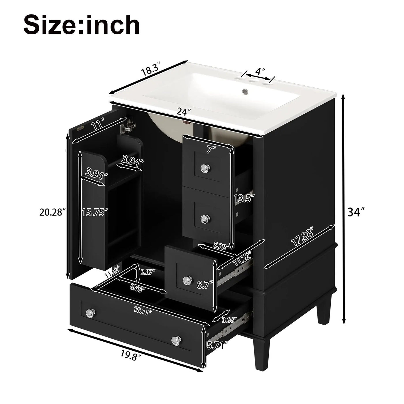 Bathroom Vanity With Integrated Basin, Soft Close Drawers, Door Mounted Double Layer Shelf by Unique Piece Furniture