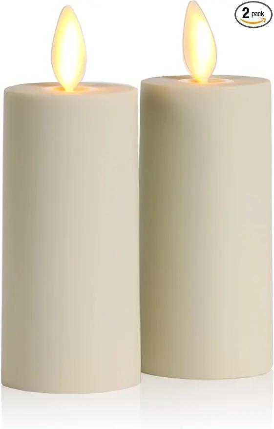 Luminara Outdoor Votive Flameless LED Candle, Set of 2 Ivory 1.5" x 4", Moving Flame Battery Operated Timer Remote Ready IPX4 Matte Plastic Finish by GreenHaven Gardens