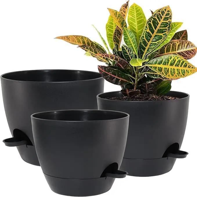 10/9/8 inch Self Watering Pots, Set of 3 Plastic Planters with Mesh Drainage Holes and Deep Reservoir for Indoor Outdoor Garden Plants and Flowers, Black by GreenHaven Gardens