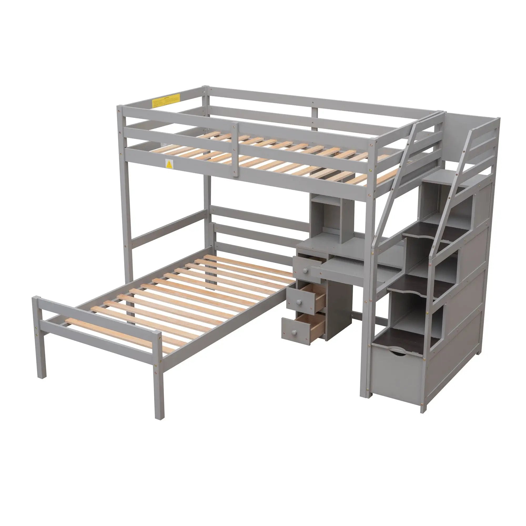 Loft Bed With Stand Alone Bed, Storage Staircase, Desk, Shelves, And Drawers