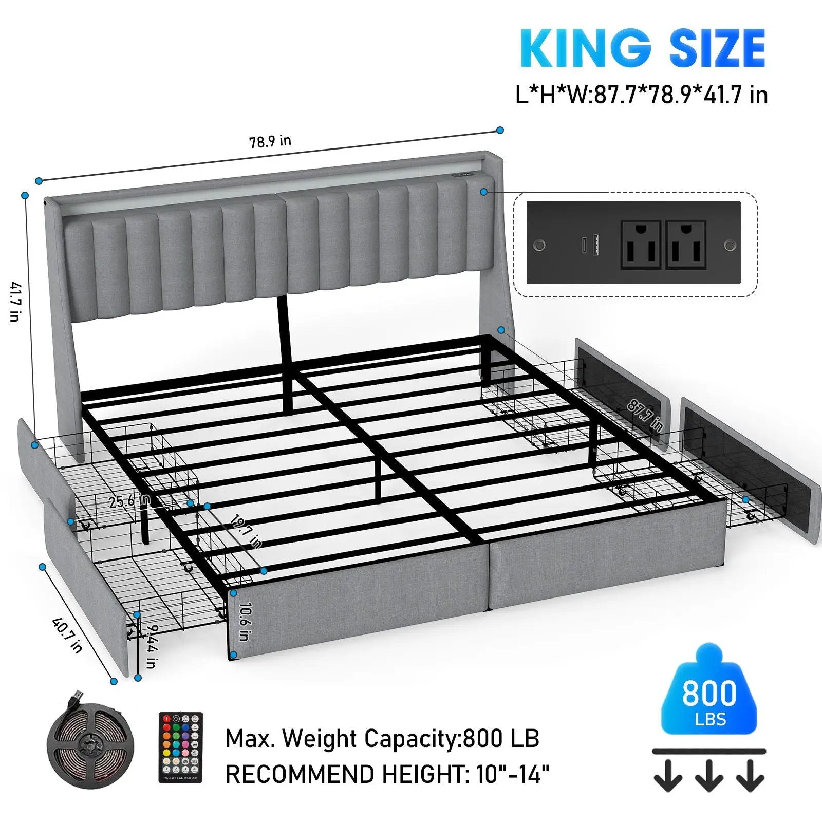 King Upholstered Bed Frame With 4 Storage Drawers, RGB LED Lights & USB / Type-C Charging Station by HouseOfZazla