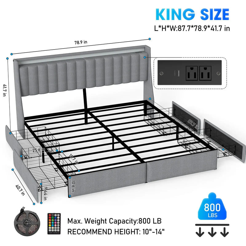 King Upholstered Bed Frame With 4 Storage Drawers, RGB LED Lights & USB / Type-C Charging Station by HouseOfZazla