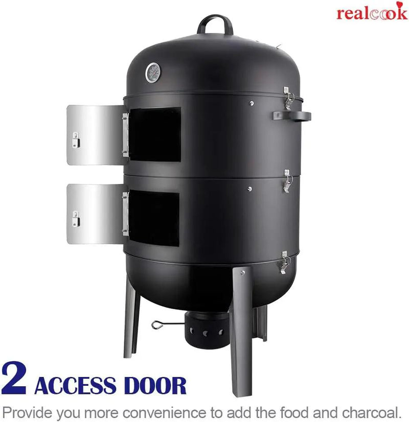 Realcook Charcoal BBQ Smoker Grill - 20 Inch Vertical Smoker for Outdoor Cooking Grilling by GreenHaven Gardens