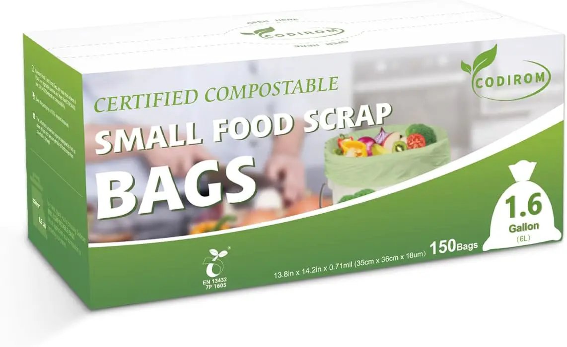 100% Compostable 1.6 Gallon Trash Bags, 6 Liter, 150 Count Kitchen Food Scrap Small Compost Bags for Countertop Bin with Europe EN13432 Certified by GreenHaven Gardens