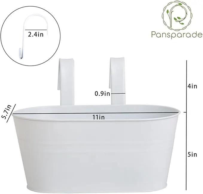 5 Pack Metal Hanging Flower Pots for Railing Fence，Outdoor Balcony Rail Planter with Garden Tools Detachable Hooks Drainage Holes for Deck Garden Home Decor White by GreenHaven Gardens