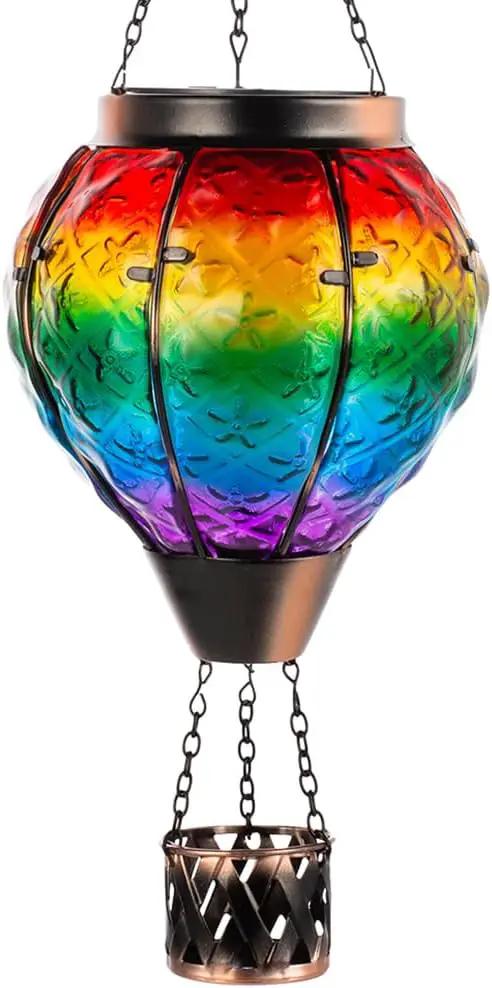DREAMSOUL Rainbow Hot Air Balloon Solar Lantern, Metal & Glass With Flickering Flame, Hanging Waterproof Outdoor Lantern for Lawn, Patio, Tree Decor, Christmas Gifts by GreenHaven Gardens