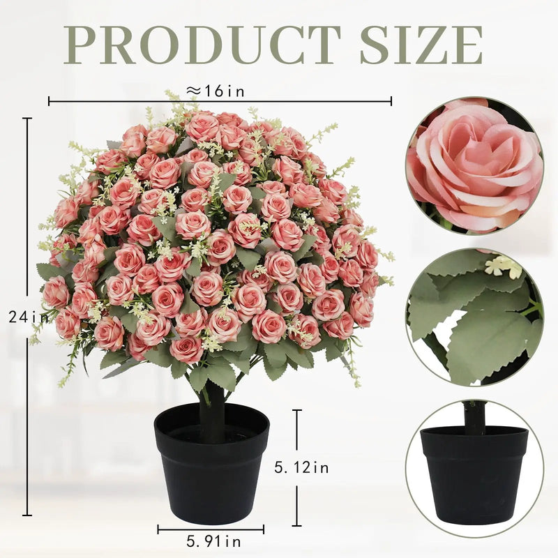 Artificial Rose Decoration With UV Resistant Silk Petals, Durable Stems In Cement Pot, Indoor Outdoor Potted Floral Arrangement - Green / Pink by Unique Piece Furniture