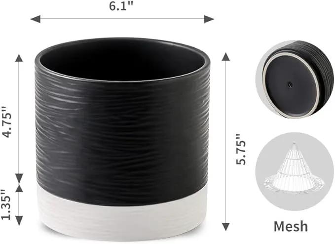 Nihow Ceramic Plant Pot: 6 Inch Planter with Drainage Hole & Saucer for Indoor & Outdoor Plants - Cylinder Round Flower Pot for Succulent/Herbs/Violets - Black & White by GreenHaven Gardens