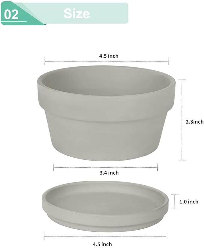 vensovo 4.5 Inch Grey Terracotta Shallow Succulent Pots - 6 Pack Terra Cotta Clay Pot with Saucer, Cacuts Indoor and Outdoor Planters with Drainage Hole by GreenHaven Gardens