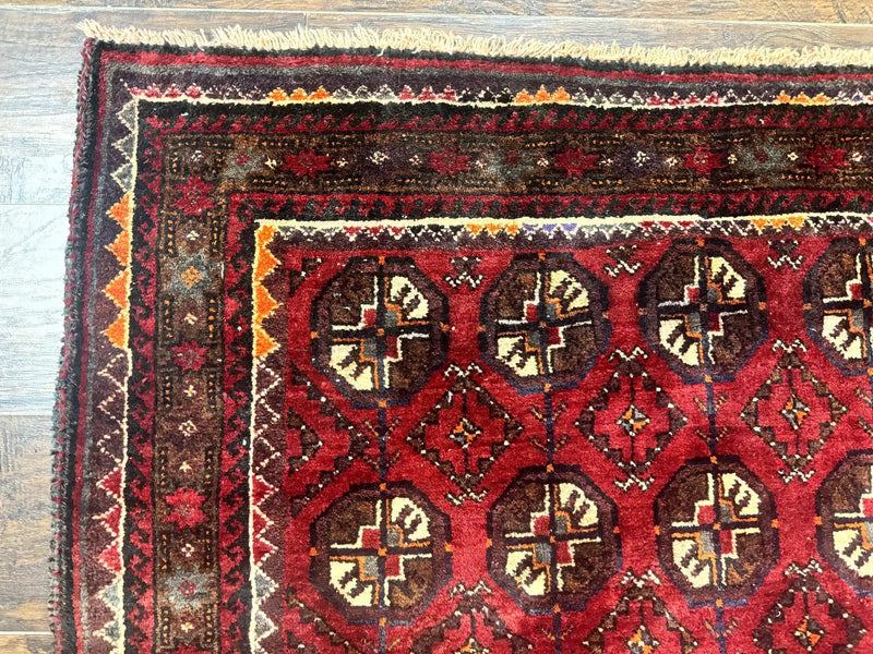 Persian Turkoman Tribal Rug 4x8, Handmade Vintage Wool Carpet, Red, Bohemian Rug by Jewel Rugs