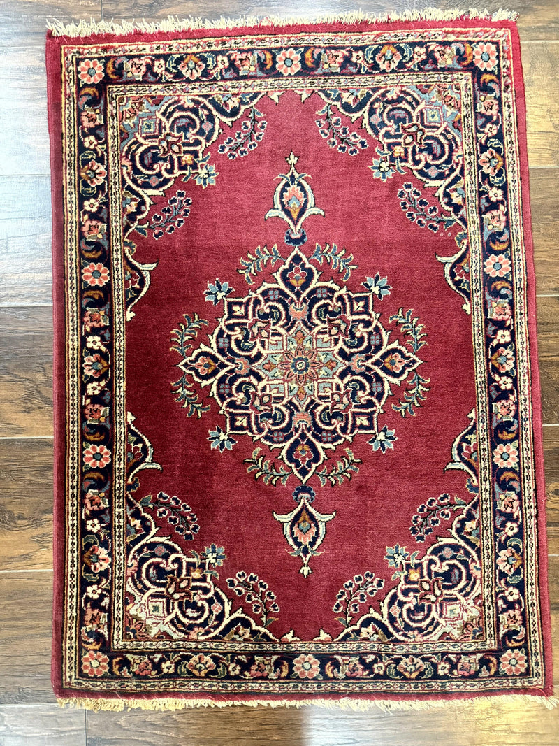 Small Persian Kashan Rug 2x3, Red and Navy Blue, Handmade Vintage Wool Semi Antique Persian Carpet, Semi Open Field, Pair B by Jewel Rugs