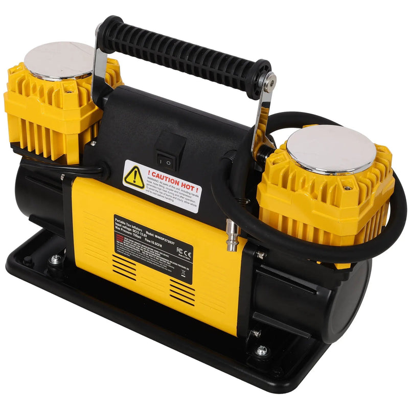 Heavy Duty 12V Dual Cylinder Air Compressor, Tire Inflator With Gauge - Yellow / Black by HouseOfZazla