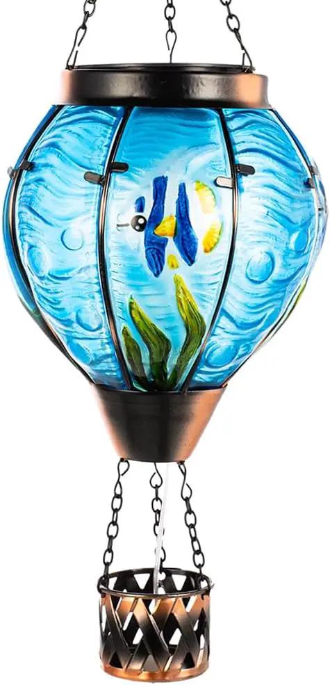 Blue Fish Hot Air Balloon Solar Lantern with Flickering Flame Light,Glass Hanging Solar Lanterns Outdoor Waterproof,Hot Air Balloon Decorative Lights for Patio Yard Porch Garden Gift for Women by GreenHaven Gardens