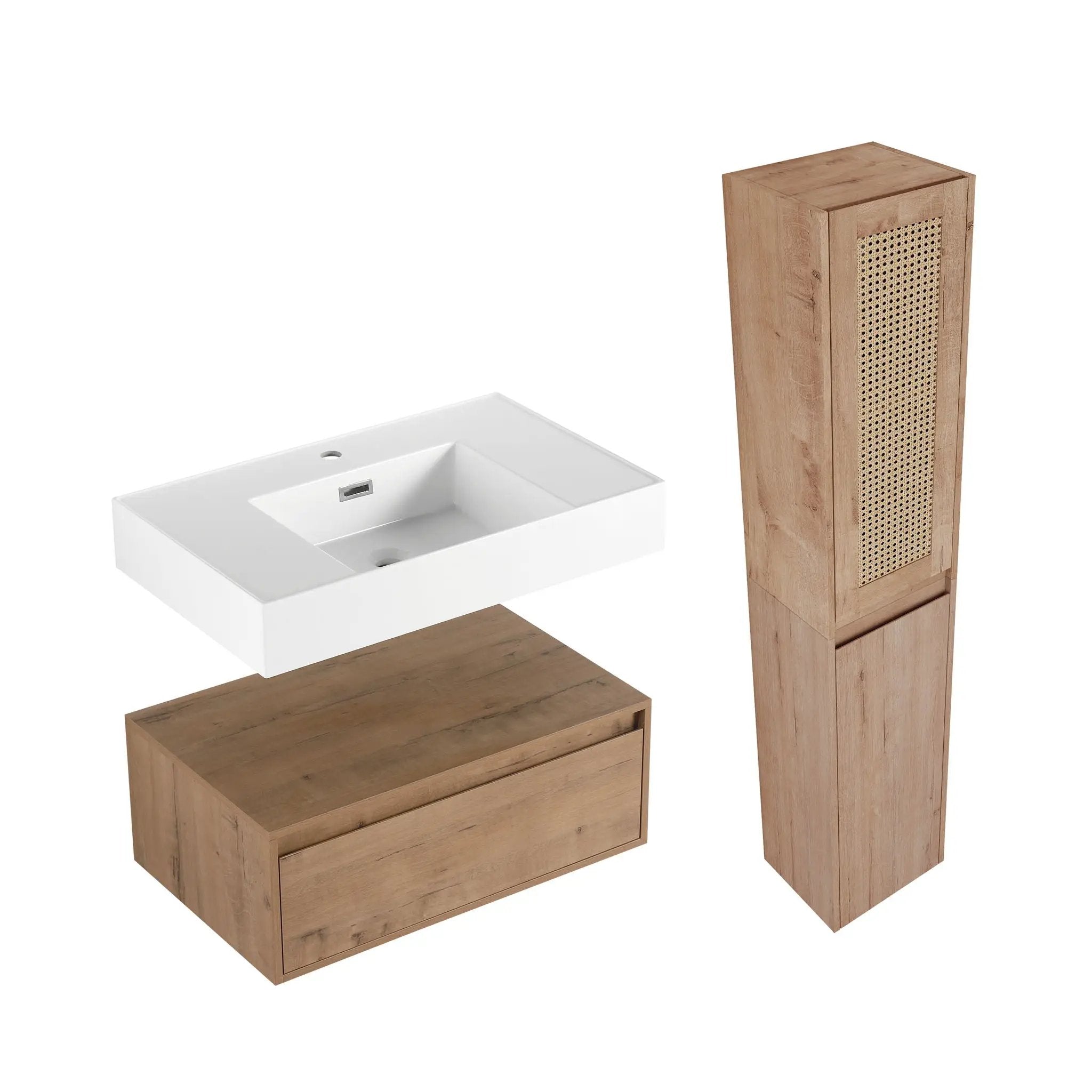 Contemporary Wall Mounted Bathroom Vanity With Resin Sink And 2 Side Cabinet - Imitative Oak by HouseOfZazla