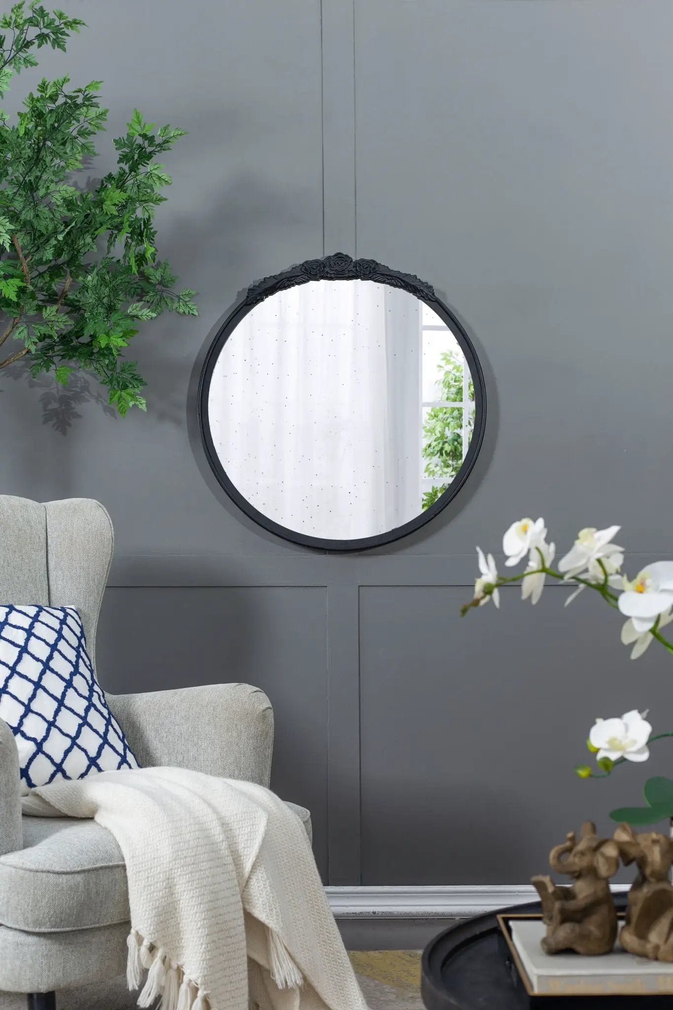 Round Hand Carved Rose Antique Mirror Frame, Wall Mirror For Live Space by Unique Piece Furniture