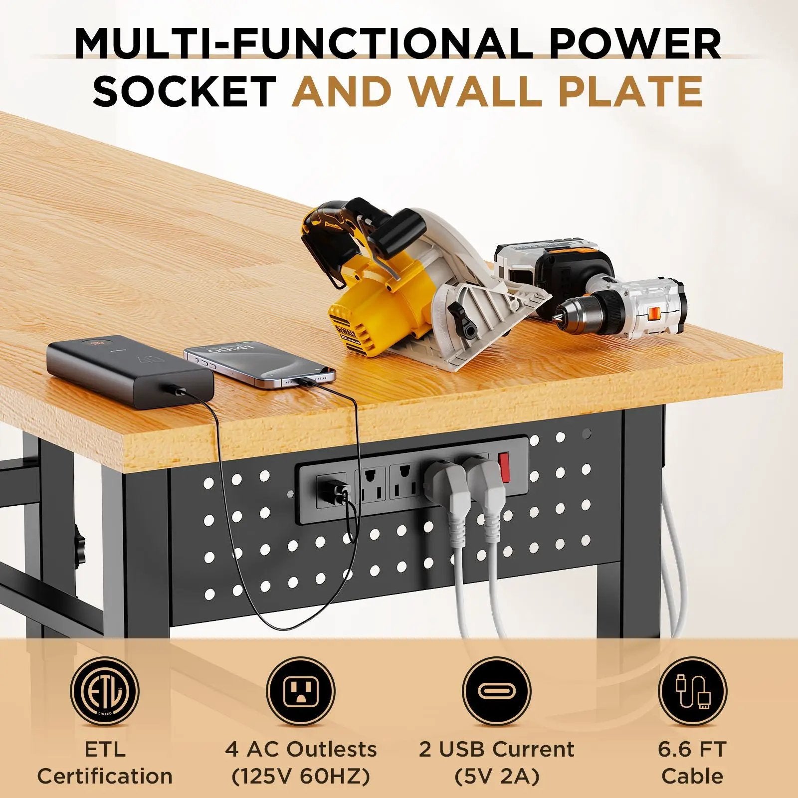 Adjustable Workbench, Side Pegboard, 4 Height Settings, Power Outlet, Storage Box, Wheels Or Leveling Feet - Black by HouseOfZazla